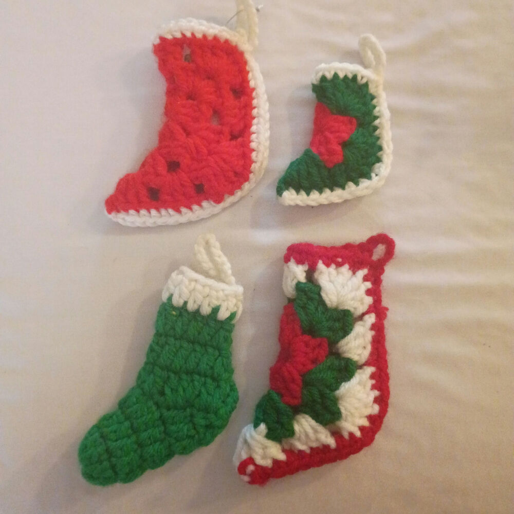 Lot of 4 Homemade Vintage Granny Square Christmas Stocking Holiday Ornaments